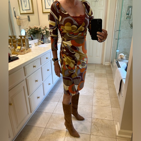 Charles Nolan Dress, Browns & Oranges, Wrap, Ruckering Side, Long Sleeved, Sz 4 - Picture 14 of 16